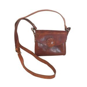 VTG 70s Hippie Brown Cowhide Leather Crossbody Bag Bohemian Handmade